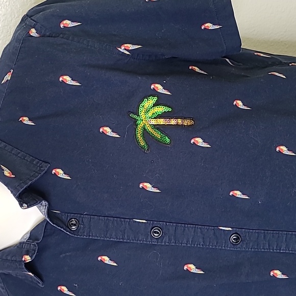 Shirt Size Medium Short Sleeve Blue Cotton Stretch Parrot Print Slim Fit Palm - Picture 3 of 7
